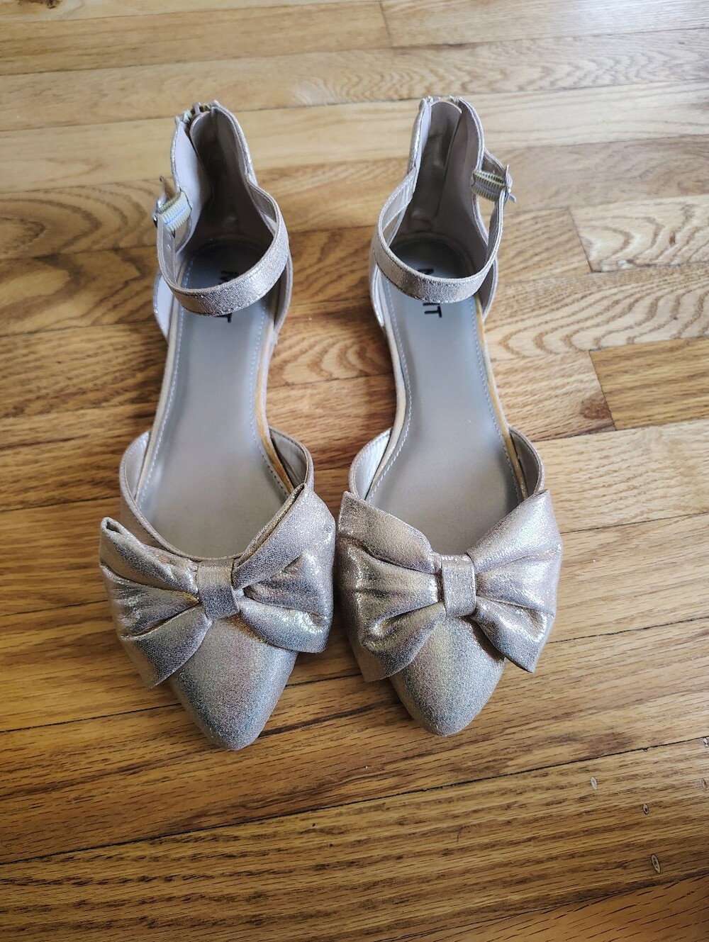 MIXIT Women's Glitter Bow Pointed-Toe Ankle-Strap Flats - Champagne SUZE 8.5